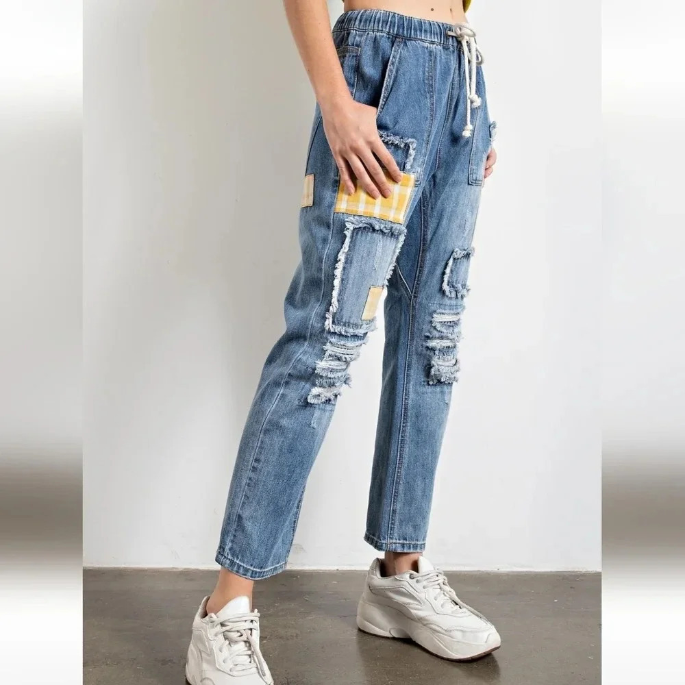 New! Easel Patchwork Distressed Washed Denim Pants - Picture 4 of 5